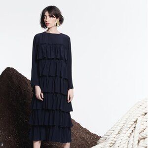 Whit The Agatha Tiered Ruffle Dress in Navy M